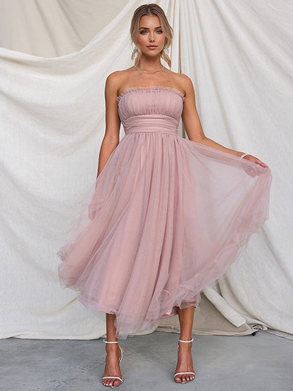 Tulle Dresses Strapless Pleated Off The Shoulder Layered Prom Midi Dress