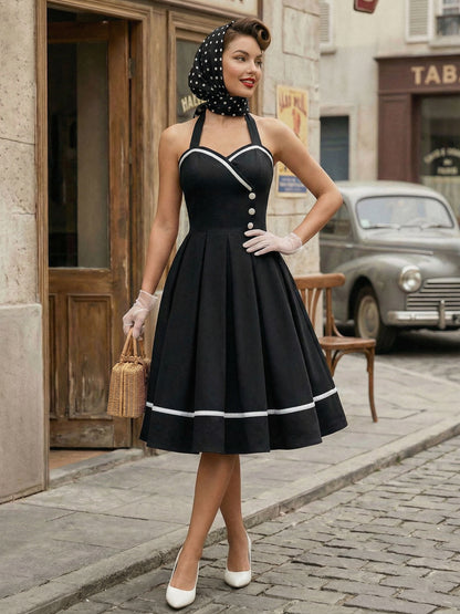 Retro Glamour Dress 1950s Style Burgundy Layered Buttons Sleeveless Sweetheart Neck Swing Dress