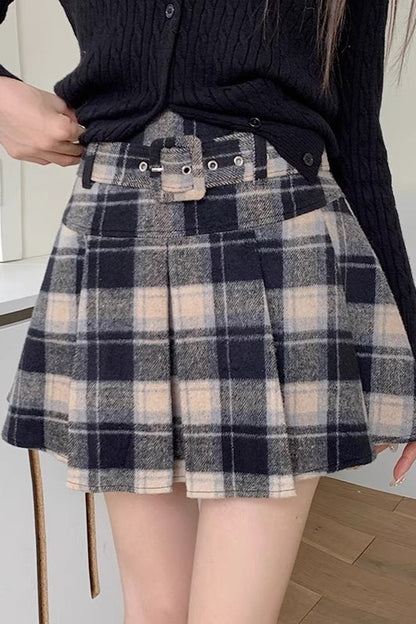 Plus Size Wool Plaid Pleated Skirt