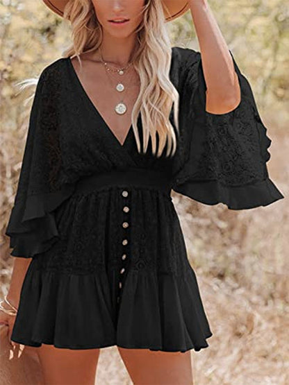 Boho Lace Eyelet Mini Dress for Women - Bell Sleeve V Neck Backless Dress - Beach Resort Music Festival 2026