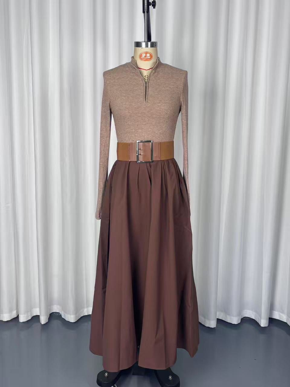 Half Zip Ribbed Knit Patchwork Belted Long Sleeve A-Line Maxi Dress For Women 2026