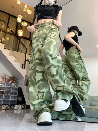 Green Camouflage Work Clothes Boyfriend Jeans