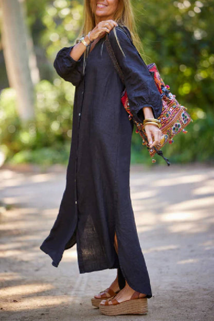 Solid Linen Blend Casual V Neck Balloon Sleeve Maxi Dress
