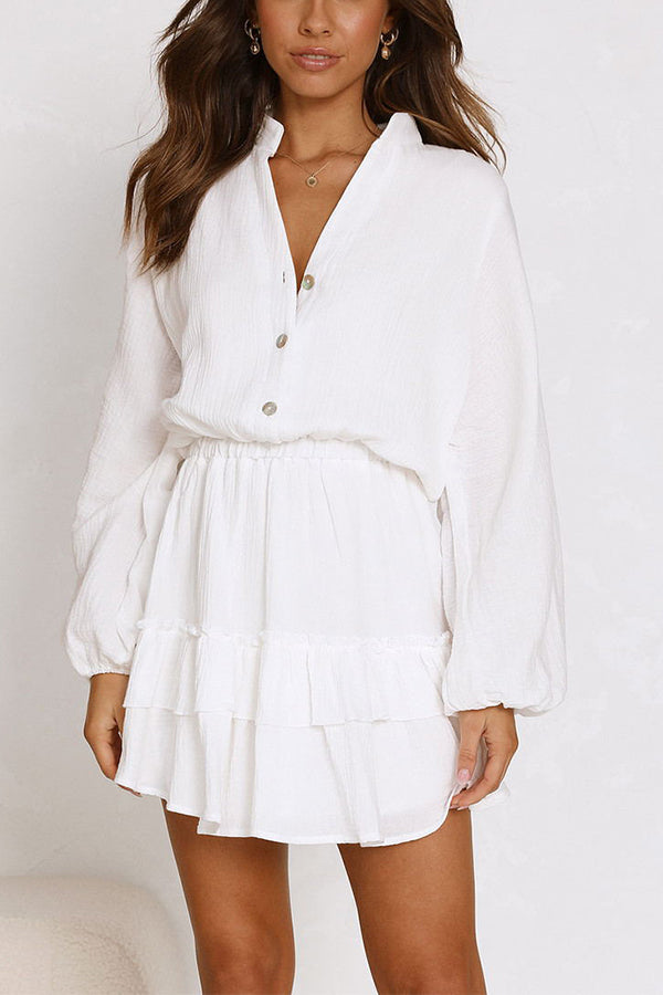 Button Long Sleeve Loose Shirt Dress Elastic Waist Ruffle Skirt