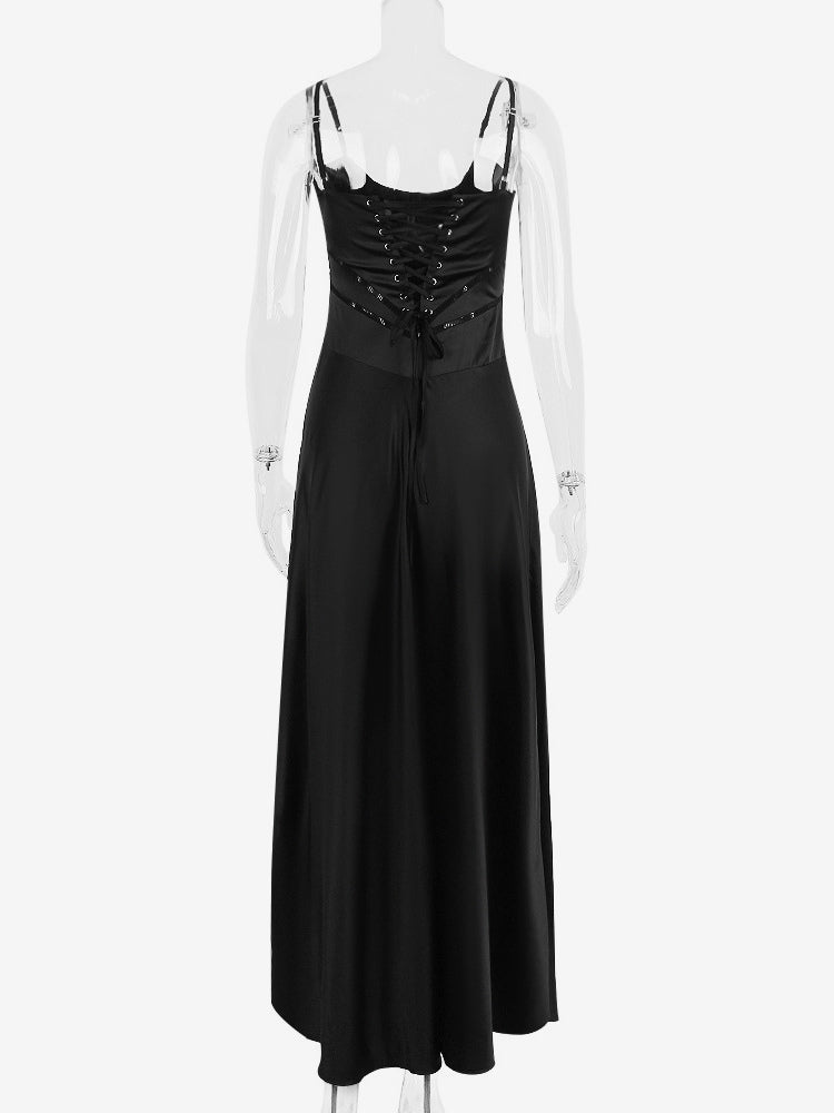 Corest Maxi Dress Adjustable Spaghetti Straps Backless Lace Up Prom Dresses