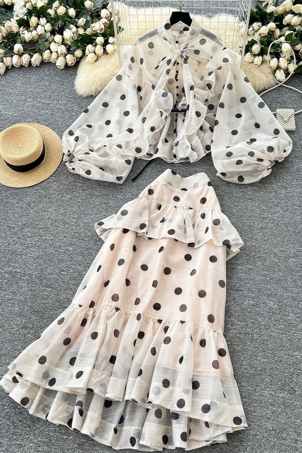 Polka Dot Blouse Mermaid Skirt Two Pieces Set