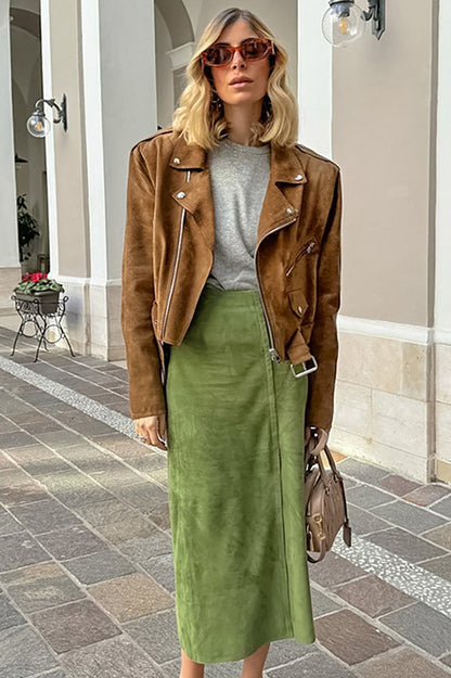 Velvet Green High-Waisted Slit Midi Skirt