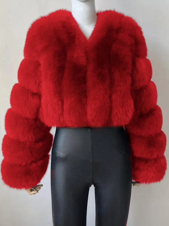 Faux Fur Coat V-Neck Long Sleeves Winter Eco-friendly Fur Crop Jacket For Women 2026