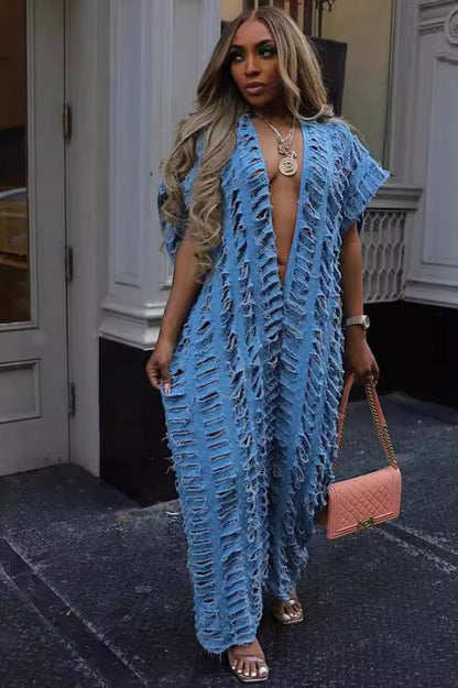 Distressed Denim Deep V Baggy Wide Leg Jumpsuit