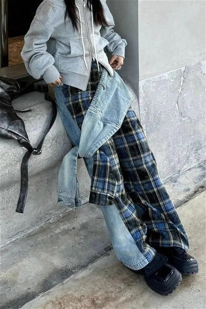 Plaid Patchwork High Waist Denim Pant