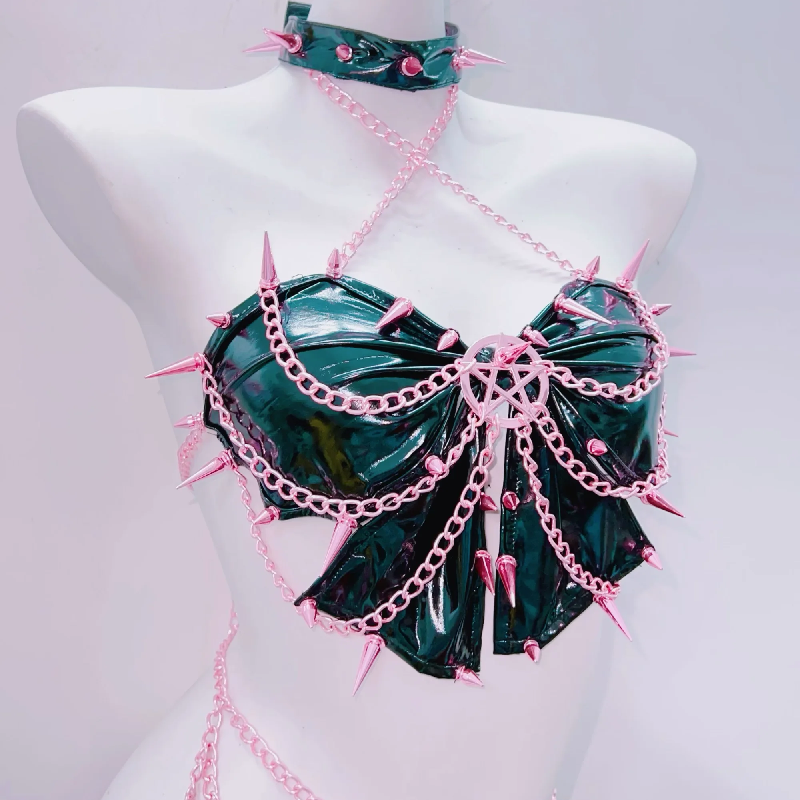 Metal chain rivet applique cross front pant set