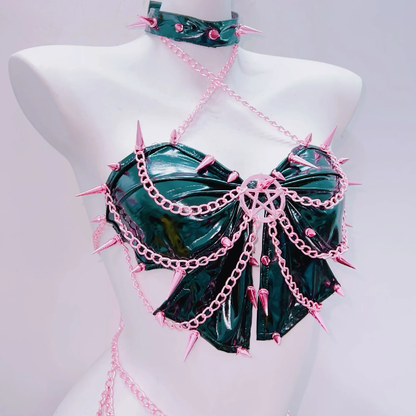 Metal chain rivet applique cross front pant set