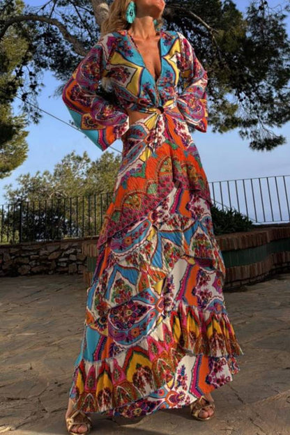 Colorful Day Unique Print Bell Sleeve Cutout Waist Layered Maxi Dress
