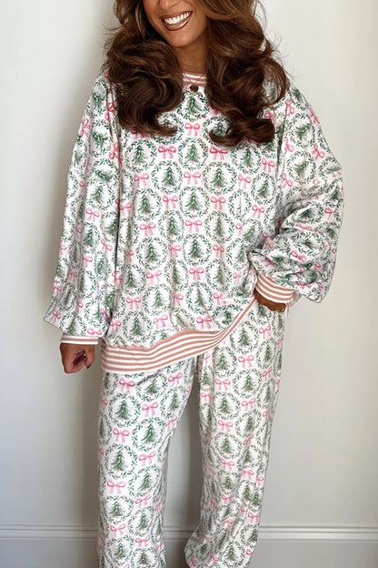 Christmas Print Loose Long-sleeved Top and Elastic Waist Casual Pants Set