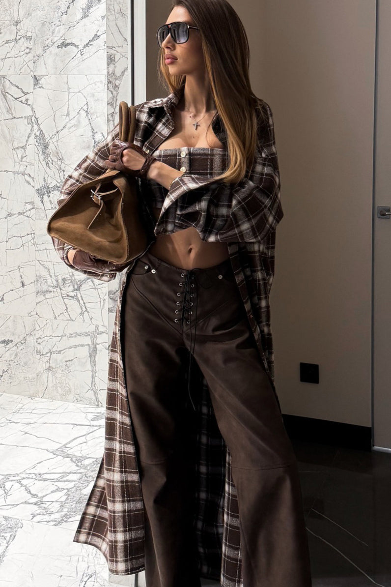 Designer Plaid Long Oversized Knee Length Shirt Overcoat