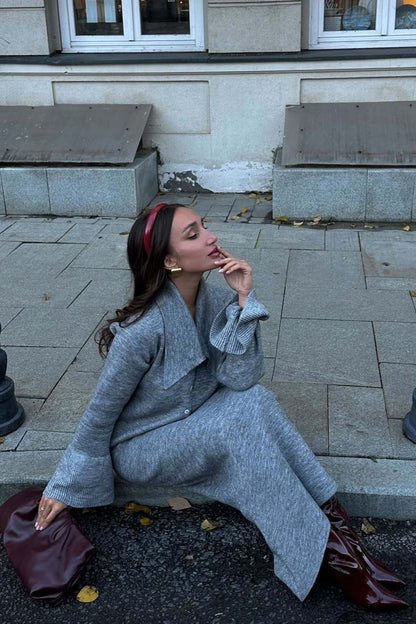 Bell-Sleeve Pink Polo Collar Cardigan Straight Skirt Two Piece Set