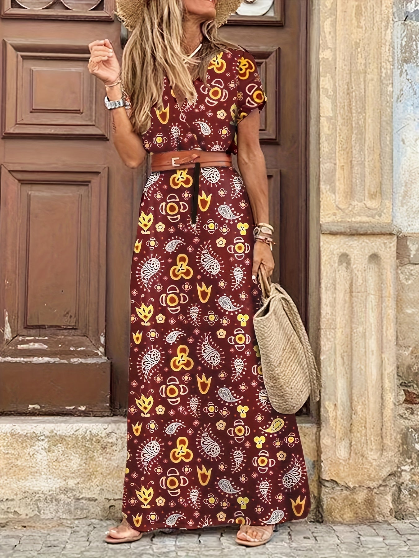 Paisley Print V-Neck Short Sleeve Belted Side Slit Maxi Dress