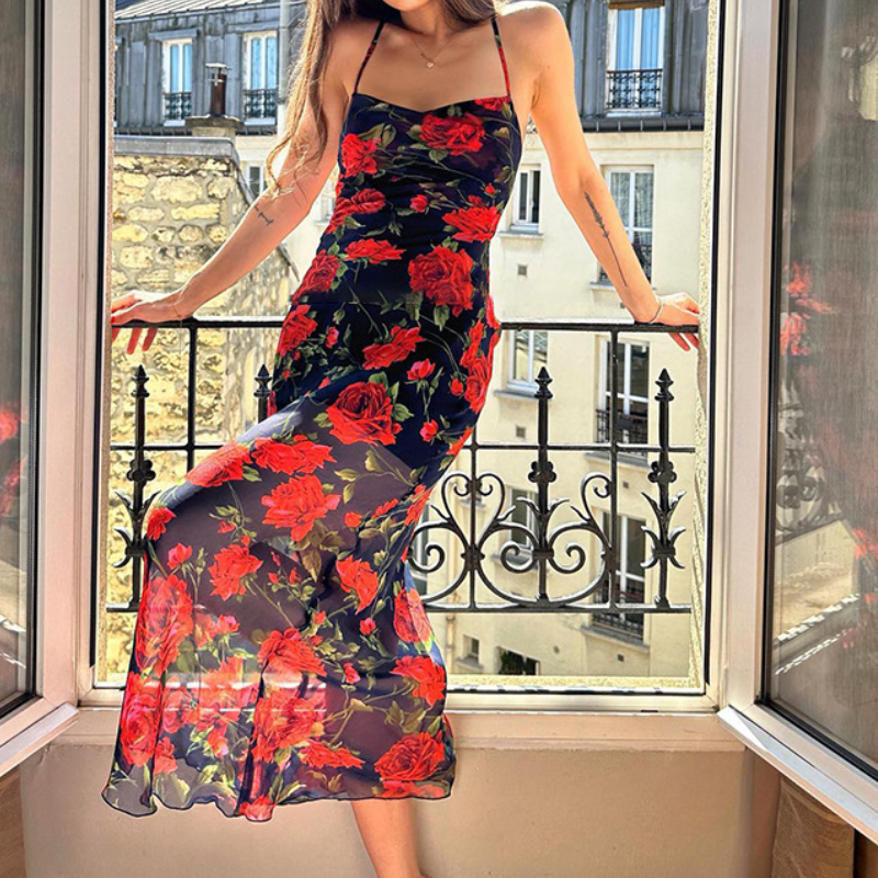 Flower print corss back cami maxi dress