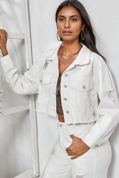 Distressed Raw Hem Denim Jacket