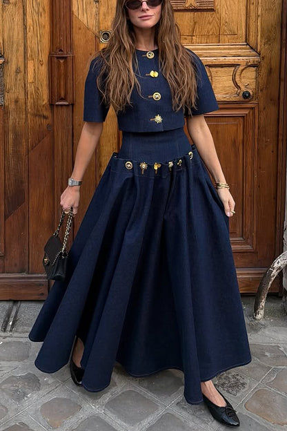 Custom Look Denim Unique Metal Pattern Buttons Slit Half Sleeve Crop Jacket