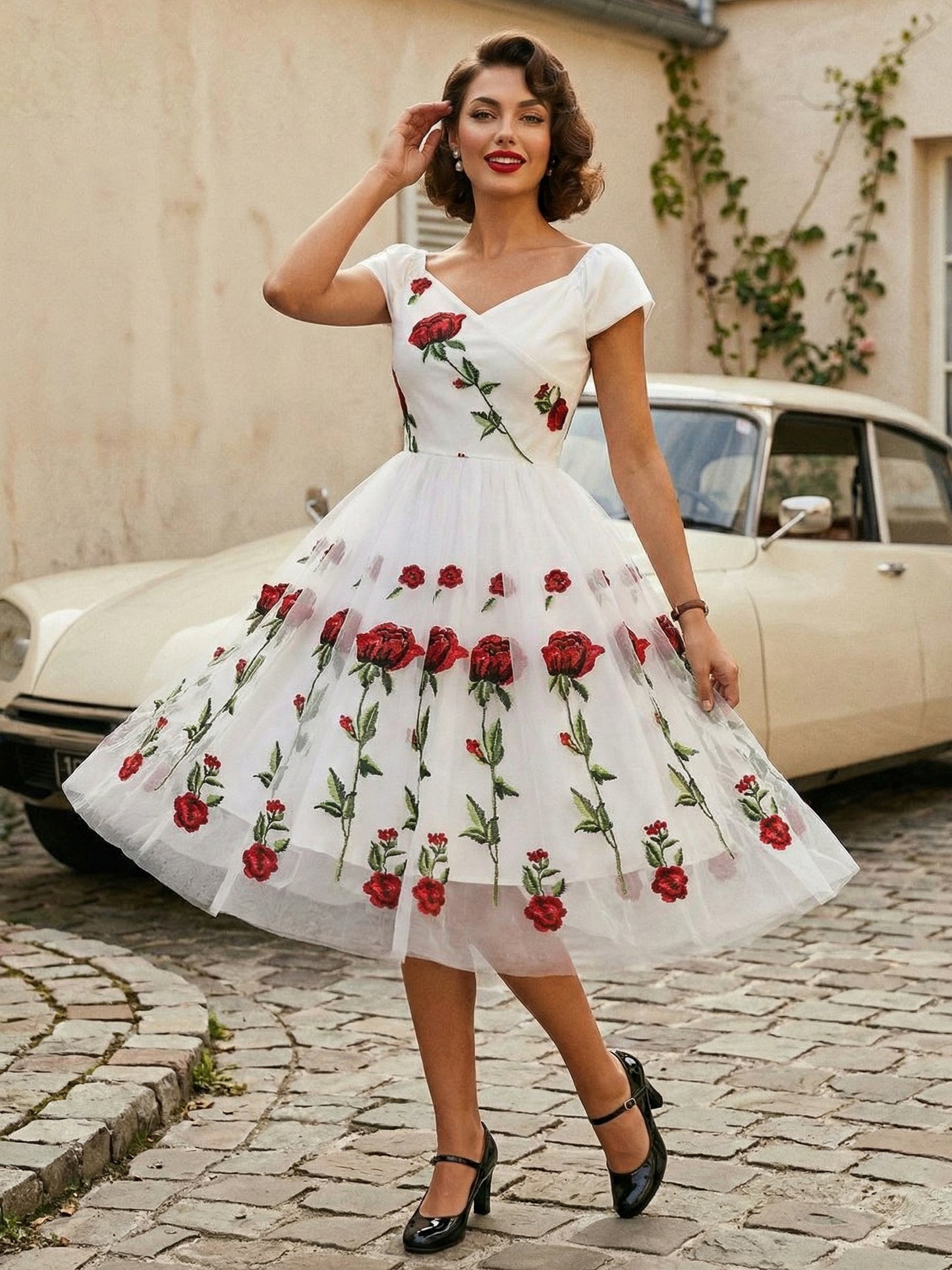 Rose Embroidered Vintage Midi Swing Dress for Women - 1950s Off Shoulder Style A-Line - Summer Tea Party 2026