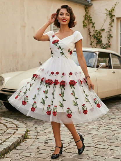 Rose Embroidered Vintage Midi Swing Dress for Women - 1950s Off Shoulder Style A-Line - Summer Tea Party 2026