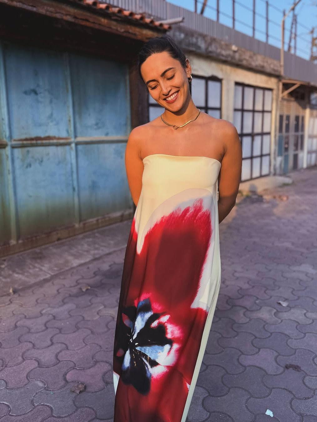 Floral Print Backless Tube Belt Maxi Dress