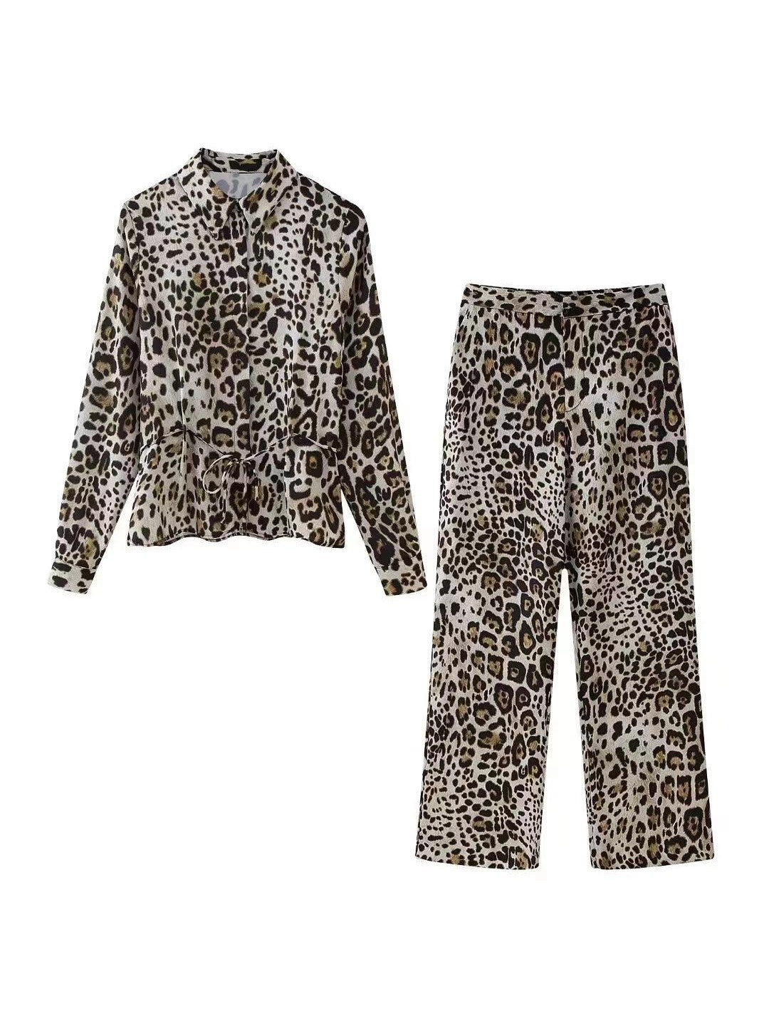 Animal Print Collar Shirt & Pants Coord Set