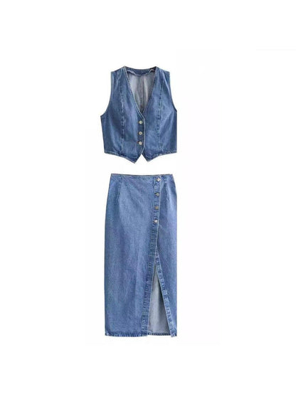 Denim Vest Waist Coat & Slit Skirt Coord Set