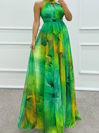 Mesh Printed Halter Formal Dress Maxi Dresses