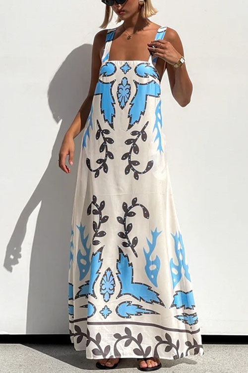 Square Neck Tie Knot Backless Printed Maxi Cami Dress