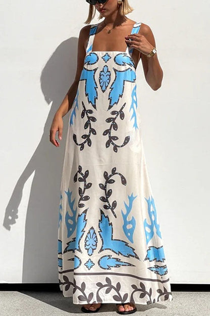 Square Neck Tie Knot Backless Printed Maxi Cami Dress