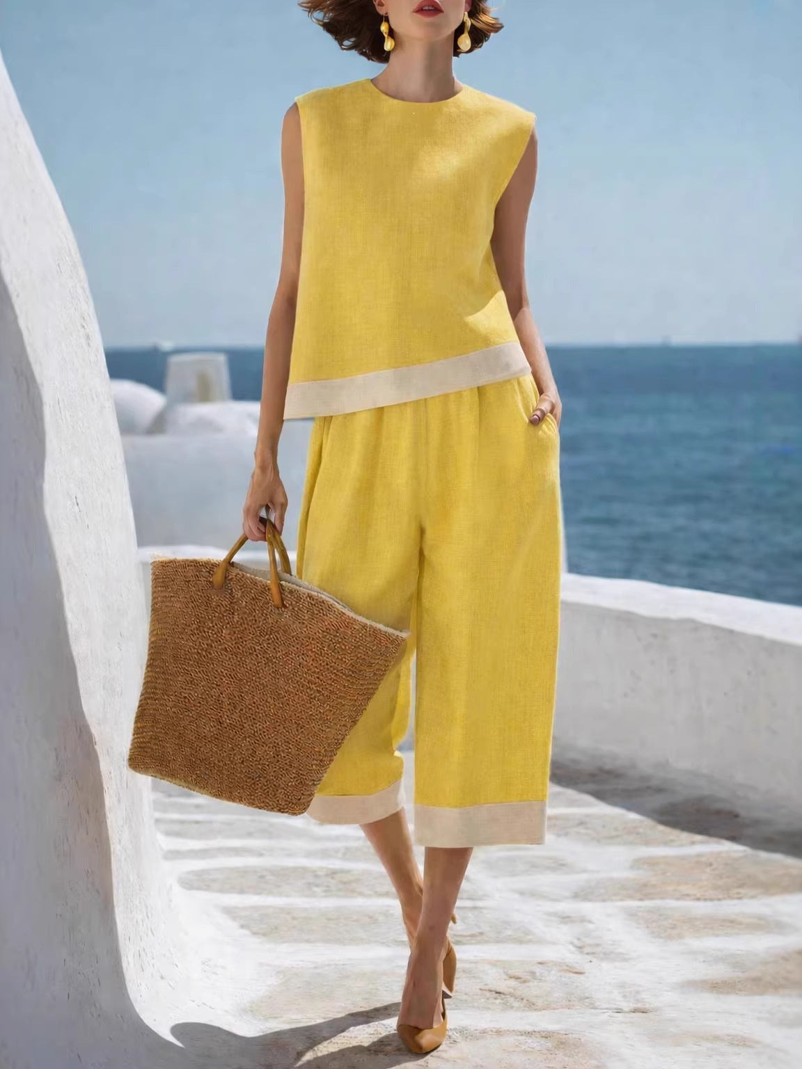 Color-blocked Cotton-linen Blend Bohemian-style Two-piece Set