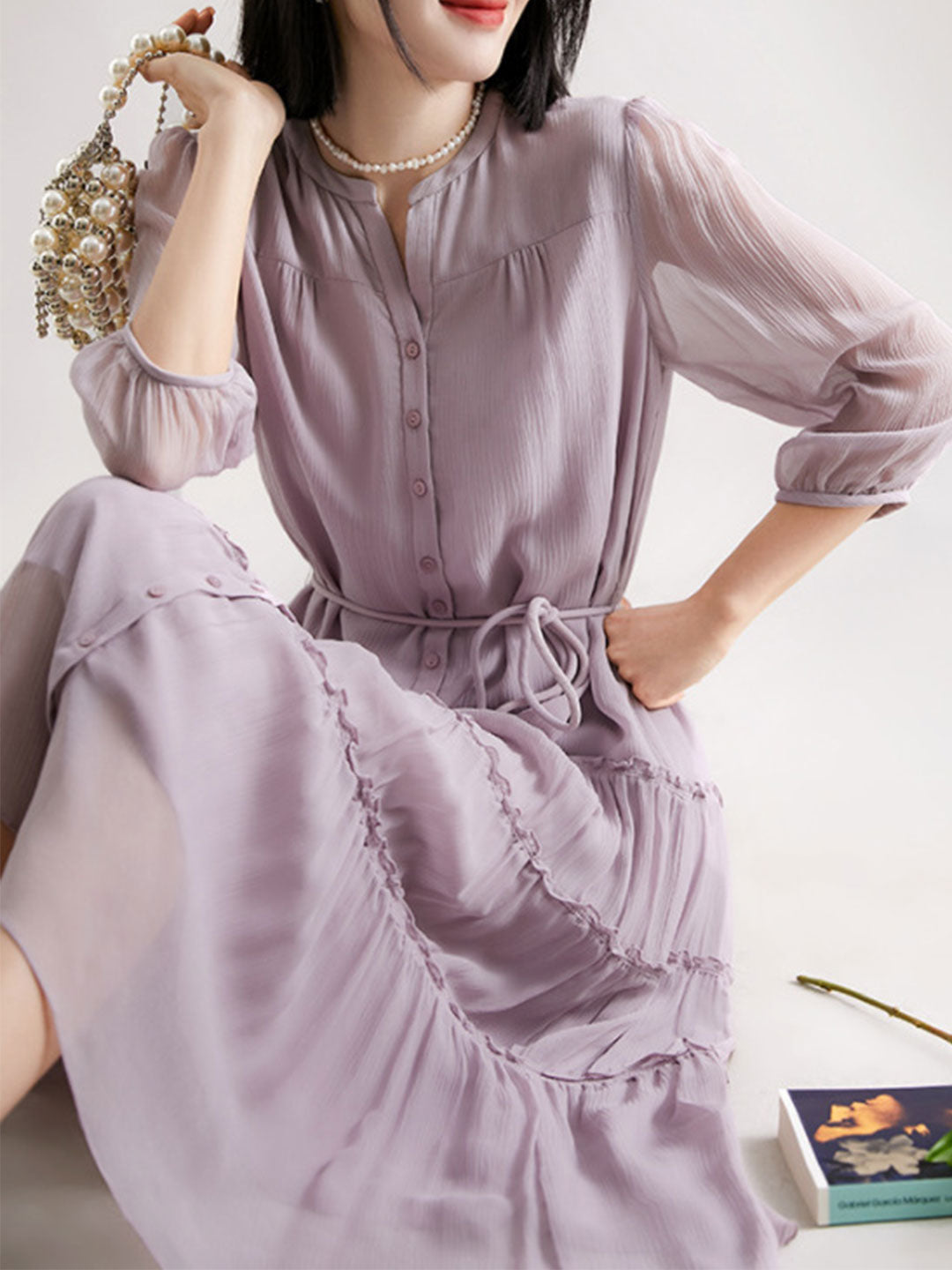 Sophie Elegant Pleated Tie Dress-Blue