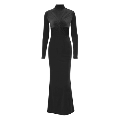 High neck long sleeve velvet ruched maxi dress