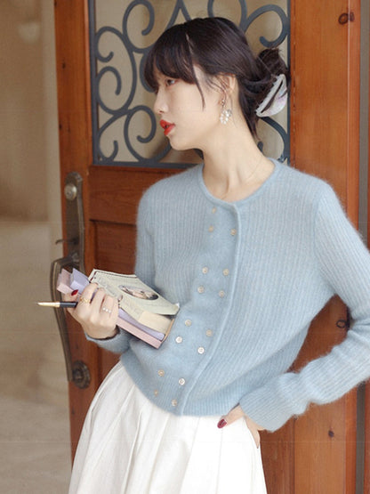 Alena French Style  Double-breasted Knitted Cardigan-Beige