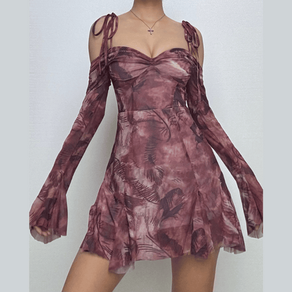 Long sleeve tie dye off shoulder ruched sweetheart neck self tie backless mini dress