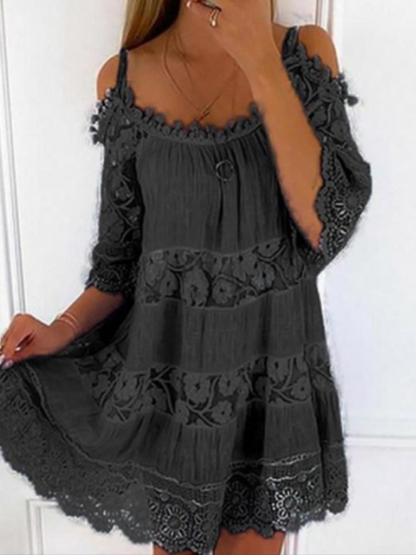 Lace Trim Hollow Out Splicing Spaghetti Strap Off-shoulder Mini&Short Dresses