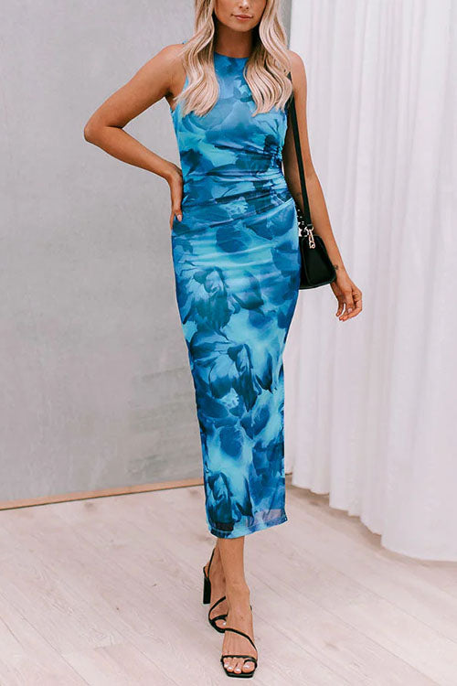 Side Slit Sleeveless Floral Print Bodycon Midi Dress