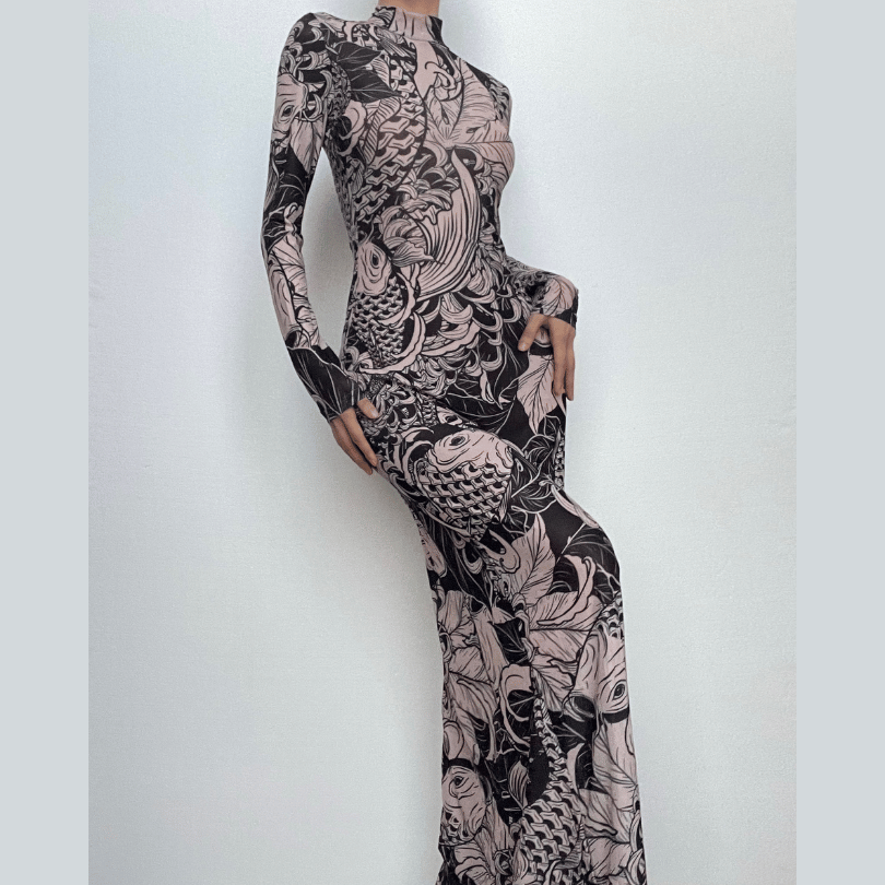 Sheer mesh see through abstract long sleeve high neck maxi dress