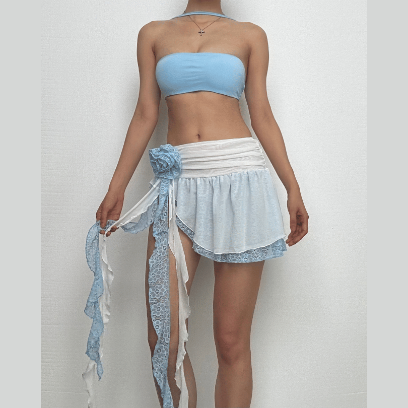 Irregular ruffle rose applique lace A line mini skirt