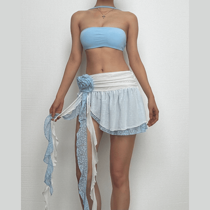 Irregular ruffle rose applique lace A line mini skirt