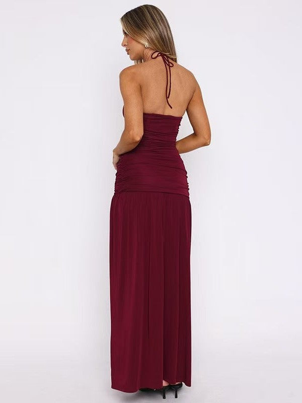 Tied Halterneck Ruched Slit Maxi Dress