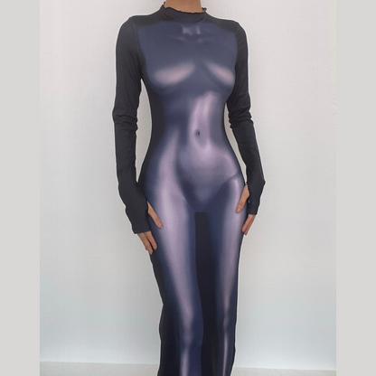 Mock Neck Long Sleeve Thumbhole Thermal Body Map Print Bodycon Maxi Dress