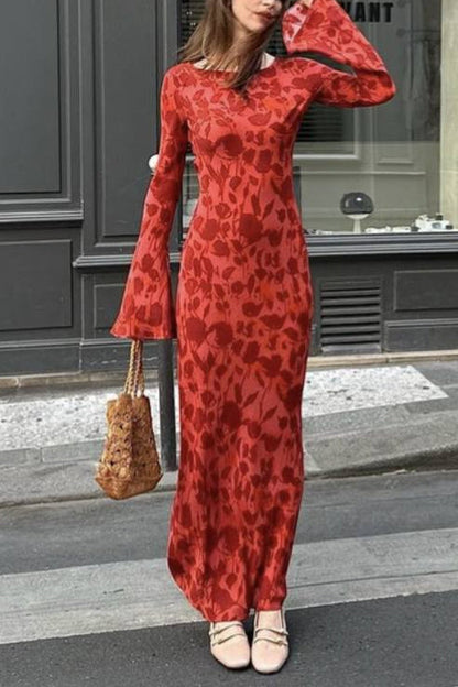 Bell Long Sleeves Floral Print Maxi Dress