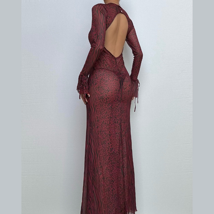 Long flared sleeve tiger print sheer mesh backless maxi dress