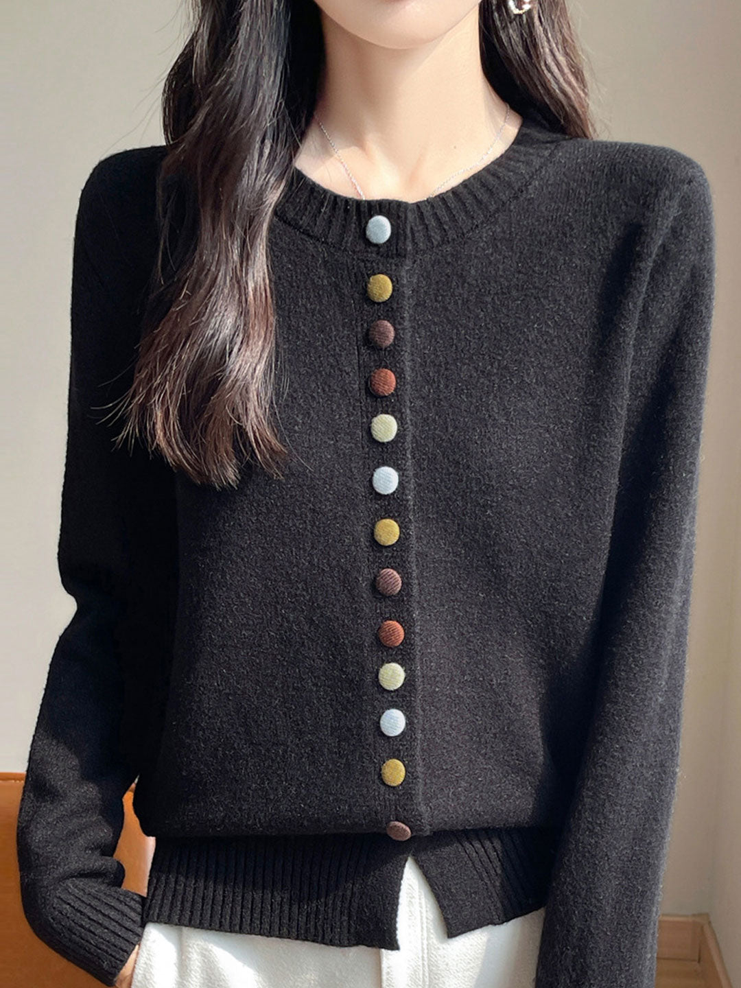 Sophia Classic Crew Neck Colorful Button Knitted Cardigan-Apricot