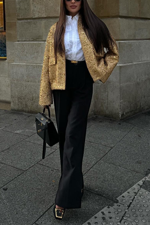 Meridress Stand Collar Zip Up Pocketed Sequin Jacket