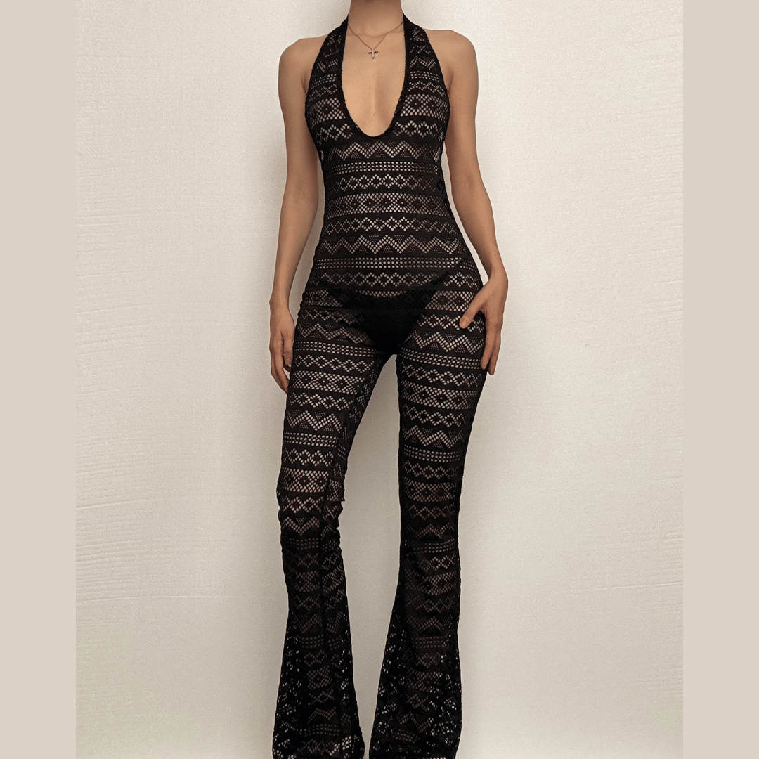 Halter low cut hollow out see through backless jumpsuit