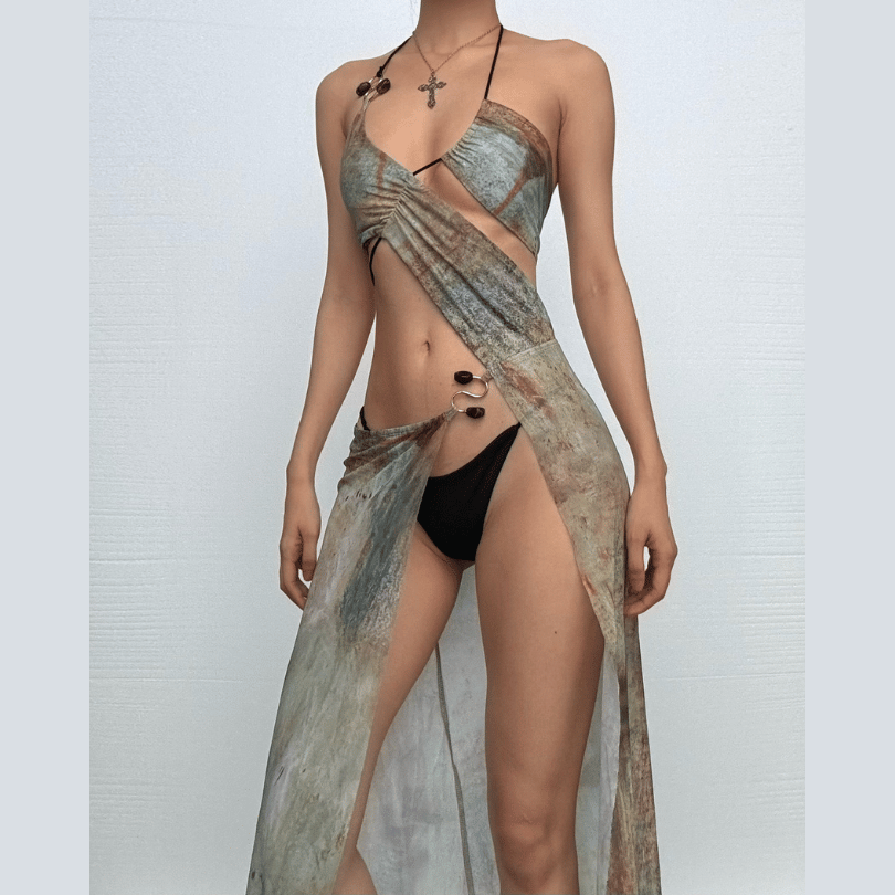 Halter drawstring tie dye irregular sheer mesh maxi dress